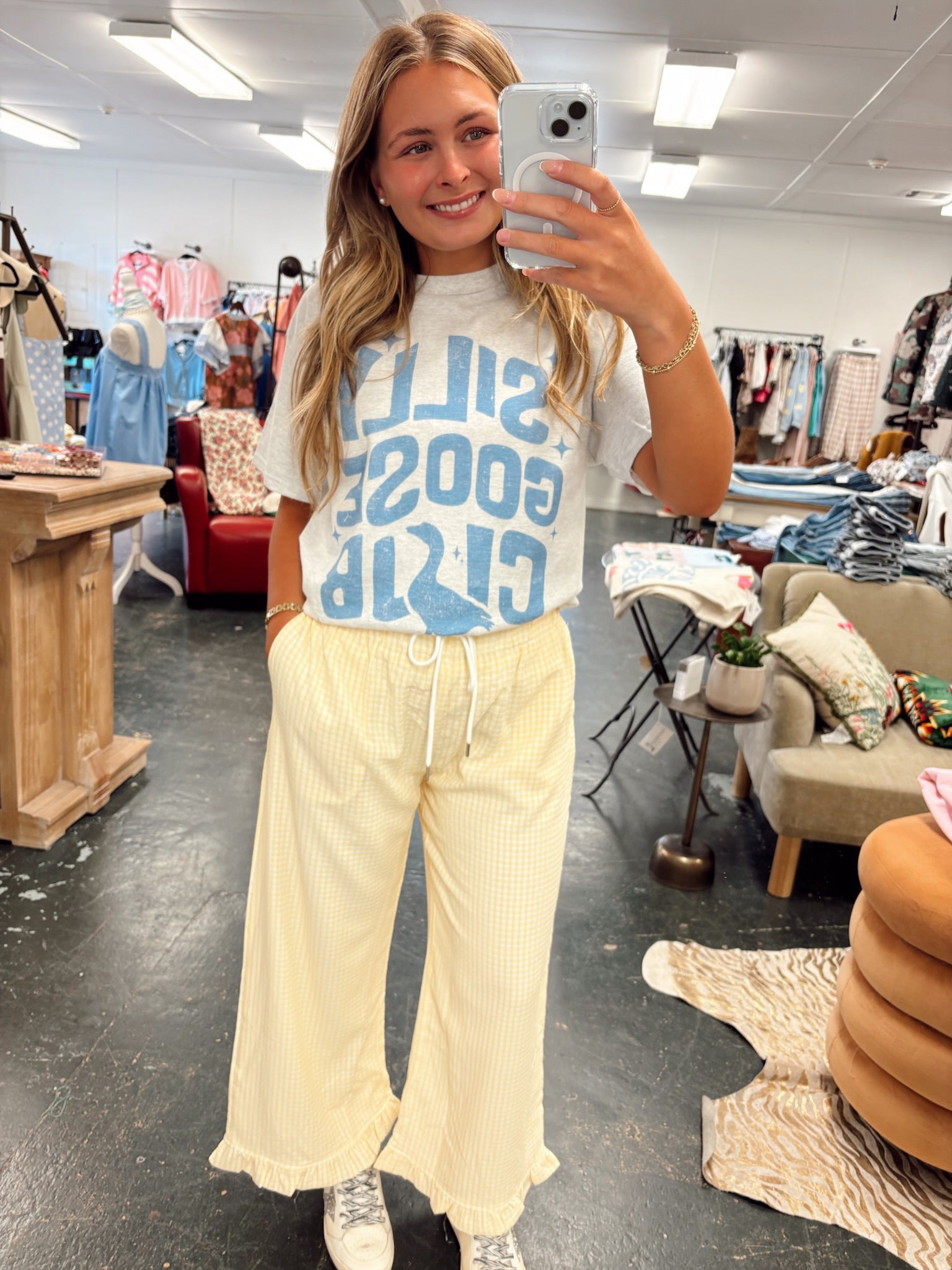 Gingham Ruffle Hemmed Pants in Yellow