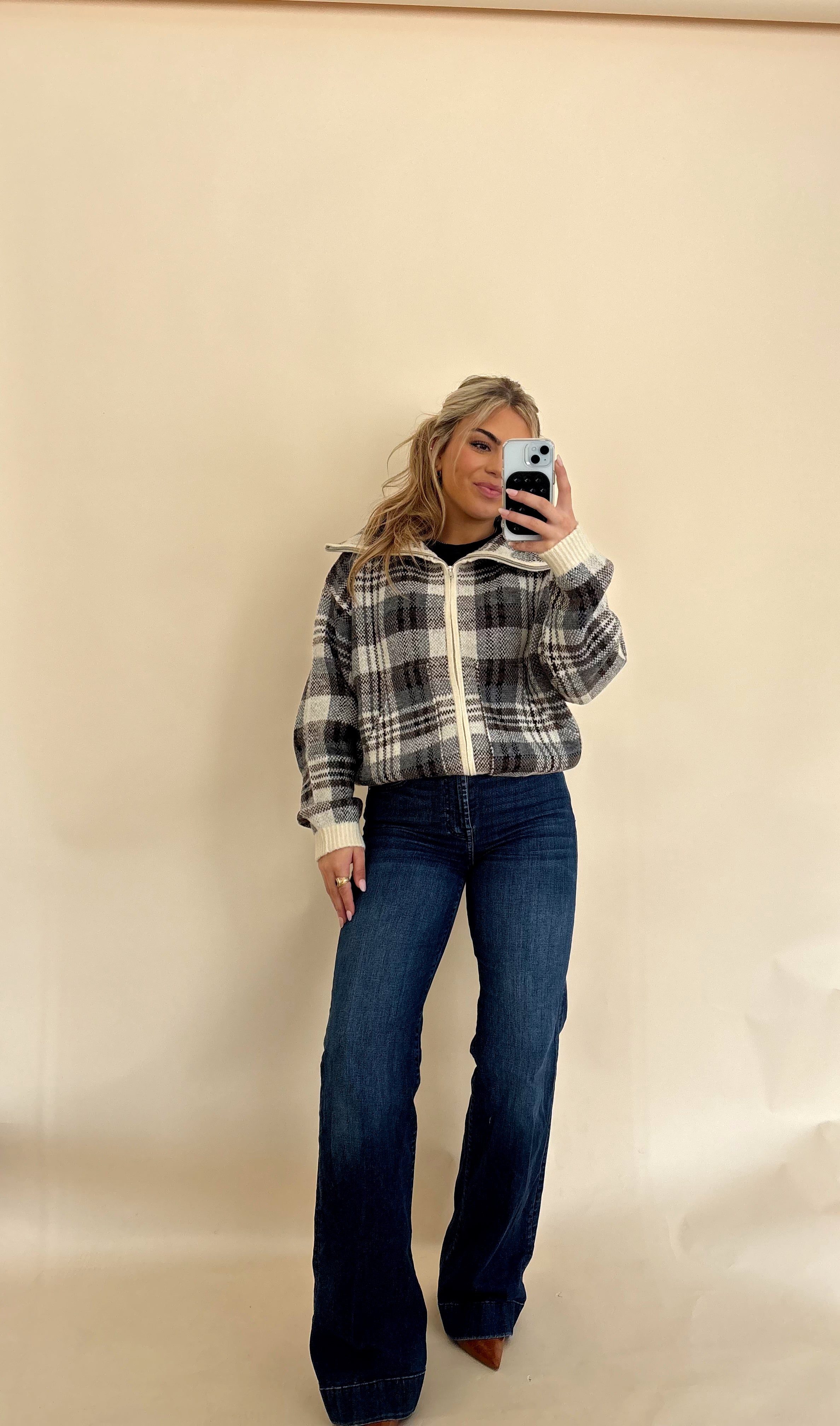 Expresso Plaid Zip Up Sweater