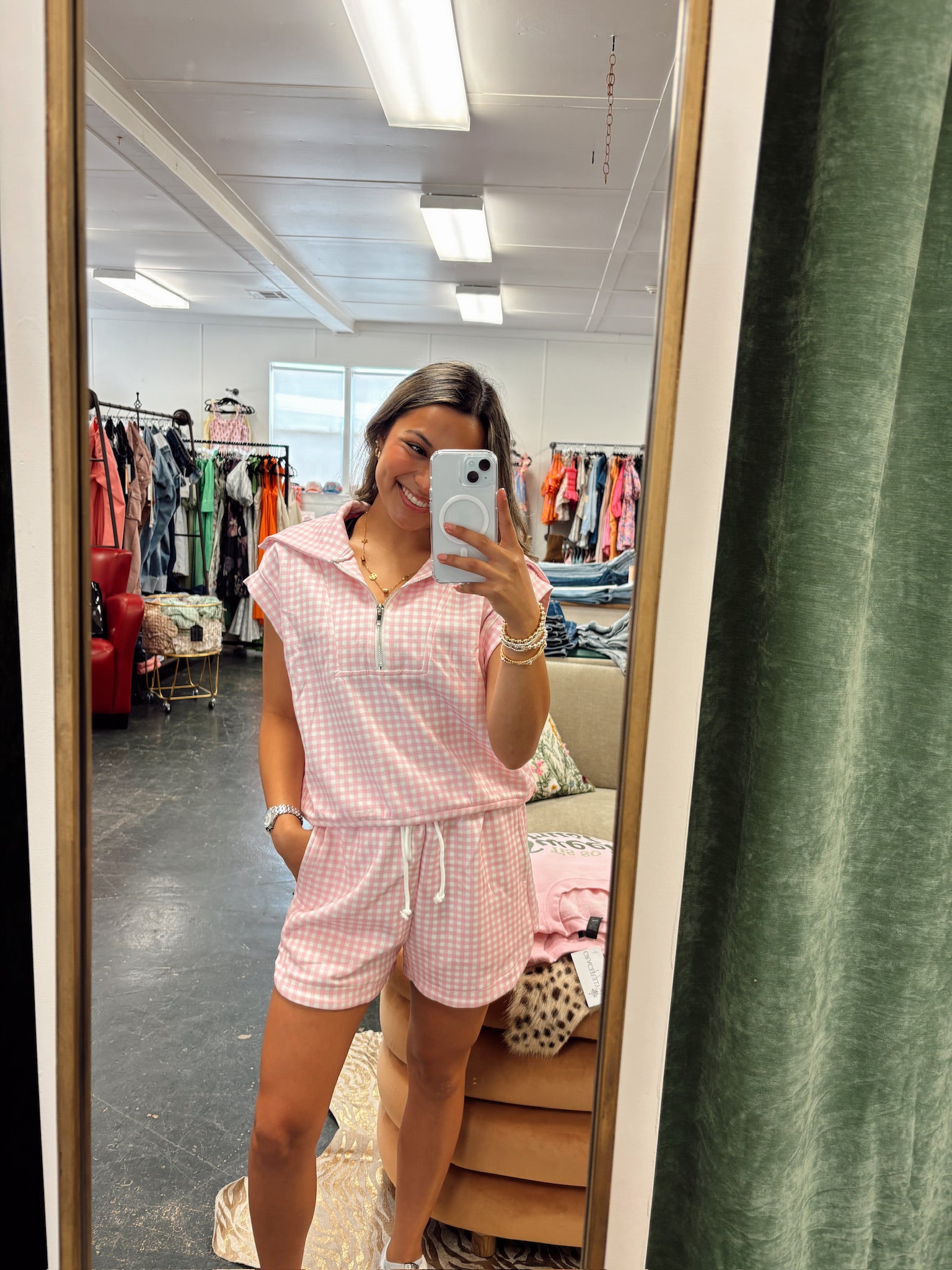 Pink Gingham Shorts Set