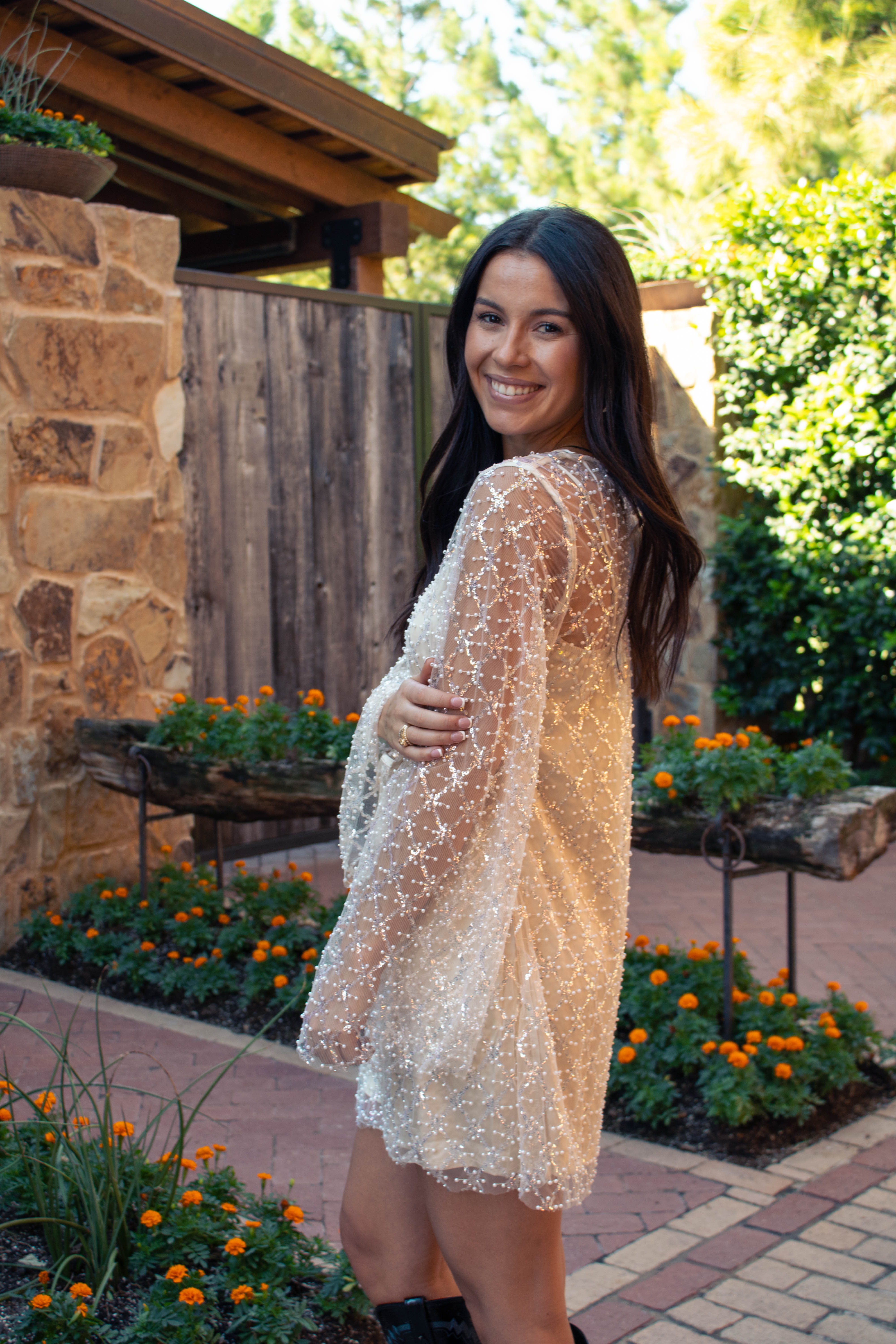 Sequin and beaded bell sleeve dress