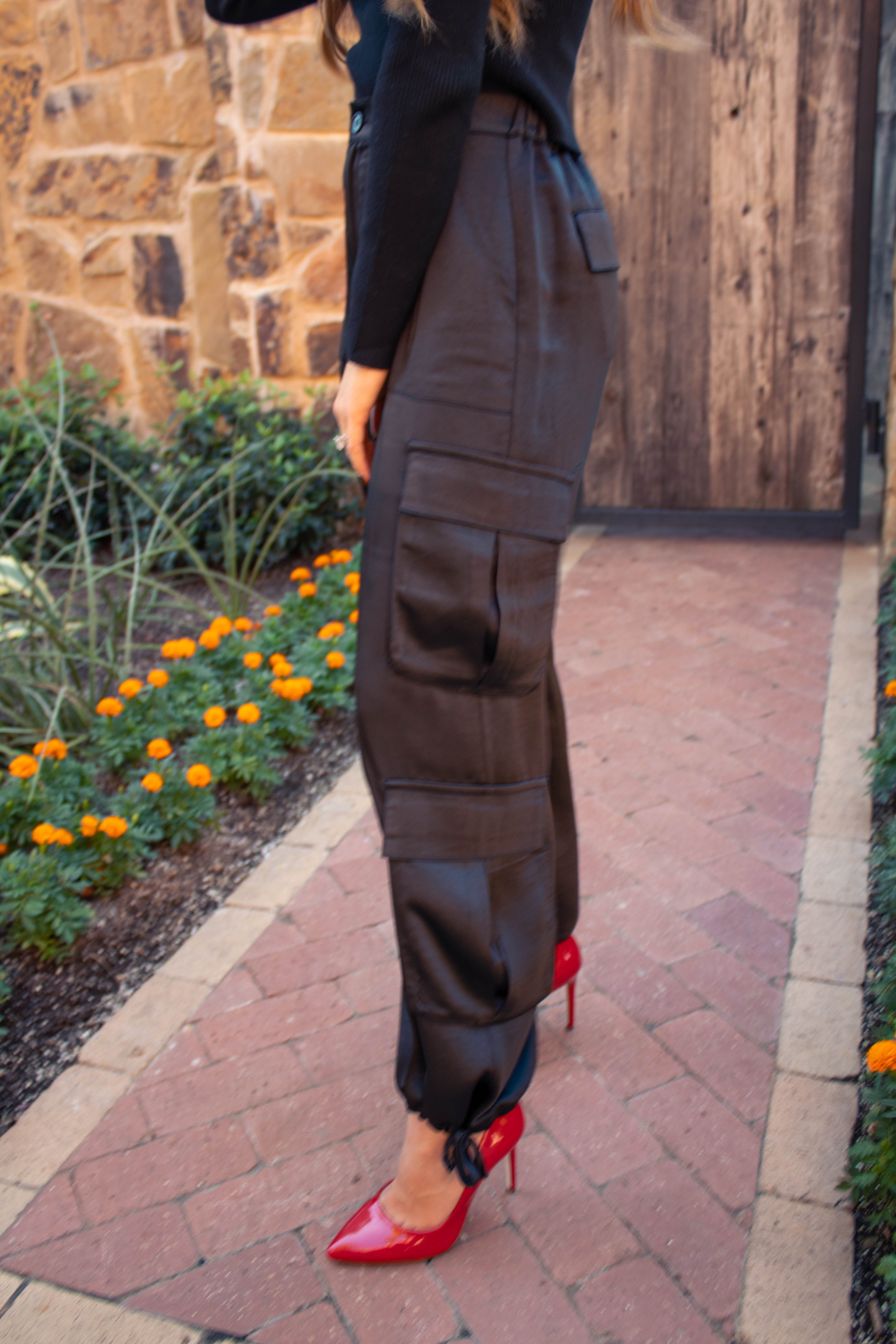 Black Satin Cargo Pants