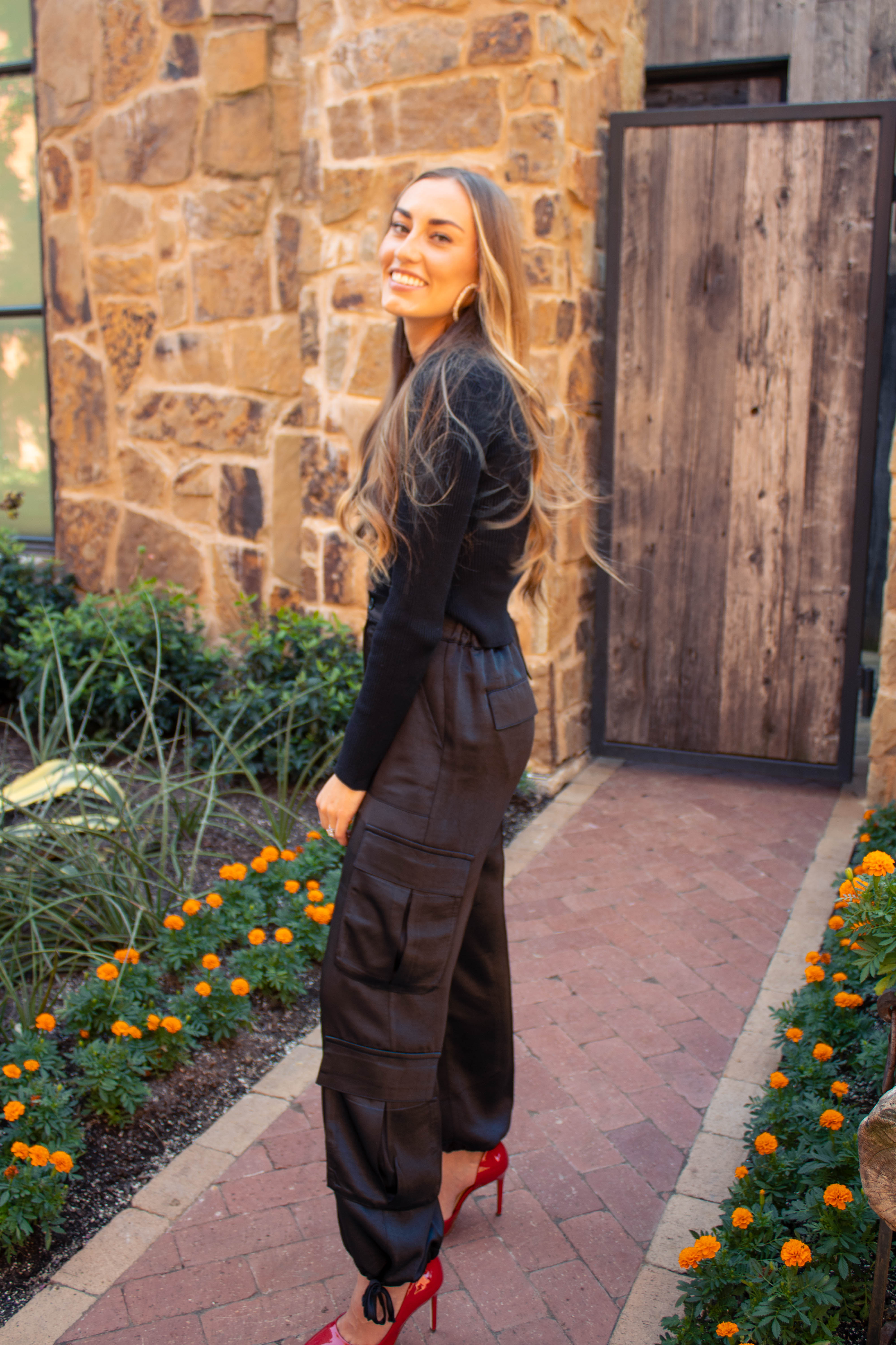 Black Satin Cargo Pants