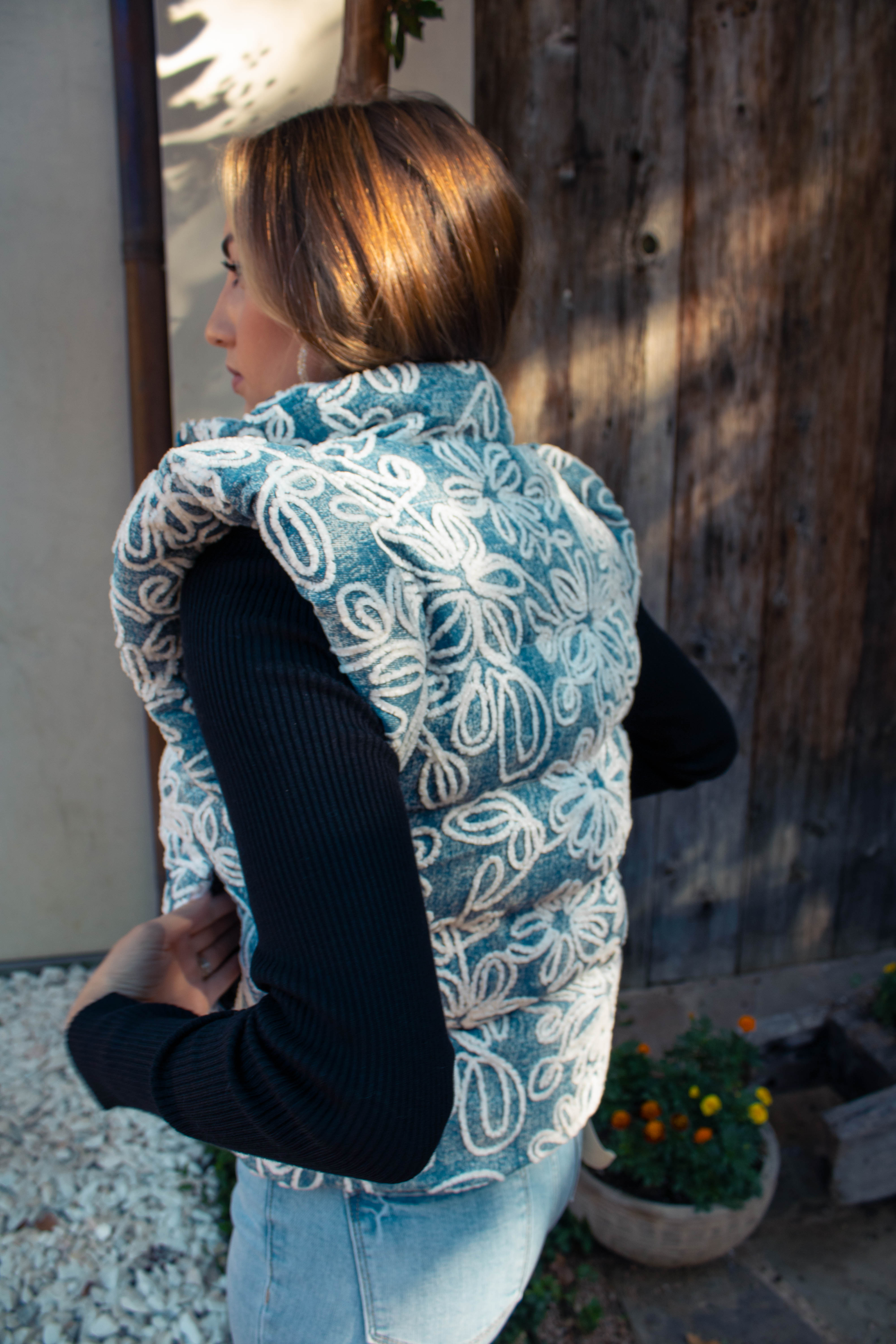 Denim Puffer Vest with Floral Detail