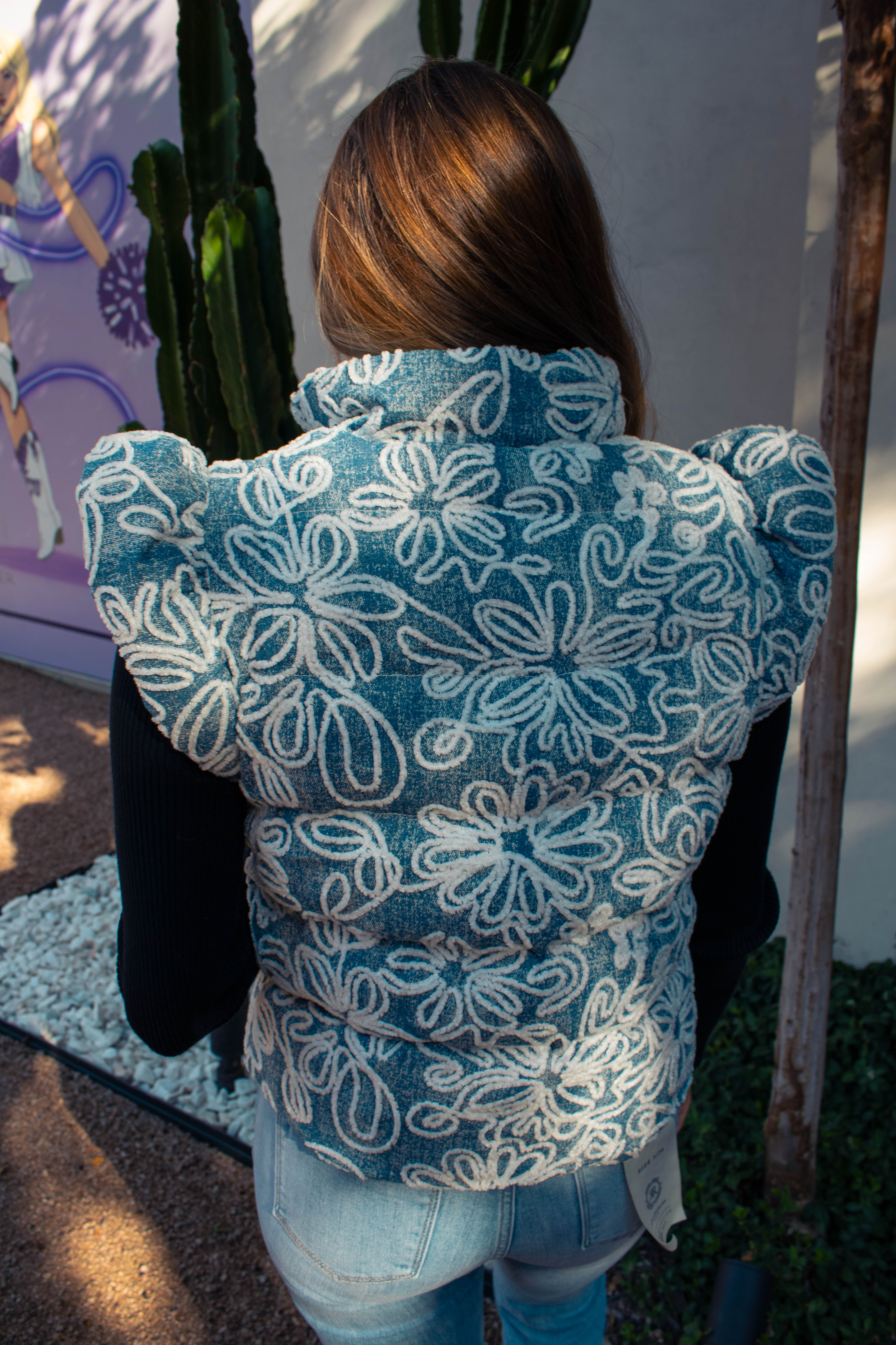 Denim Puffer Vest with Floral Detail