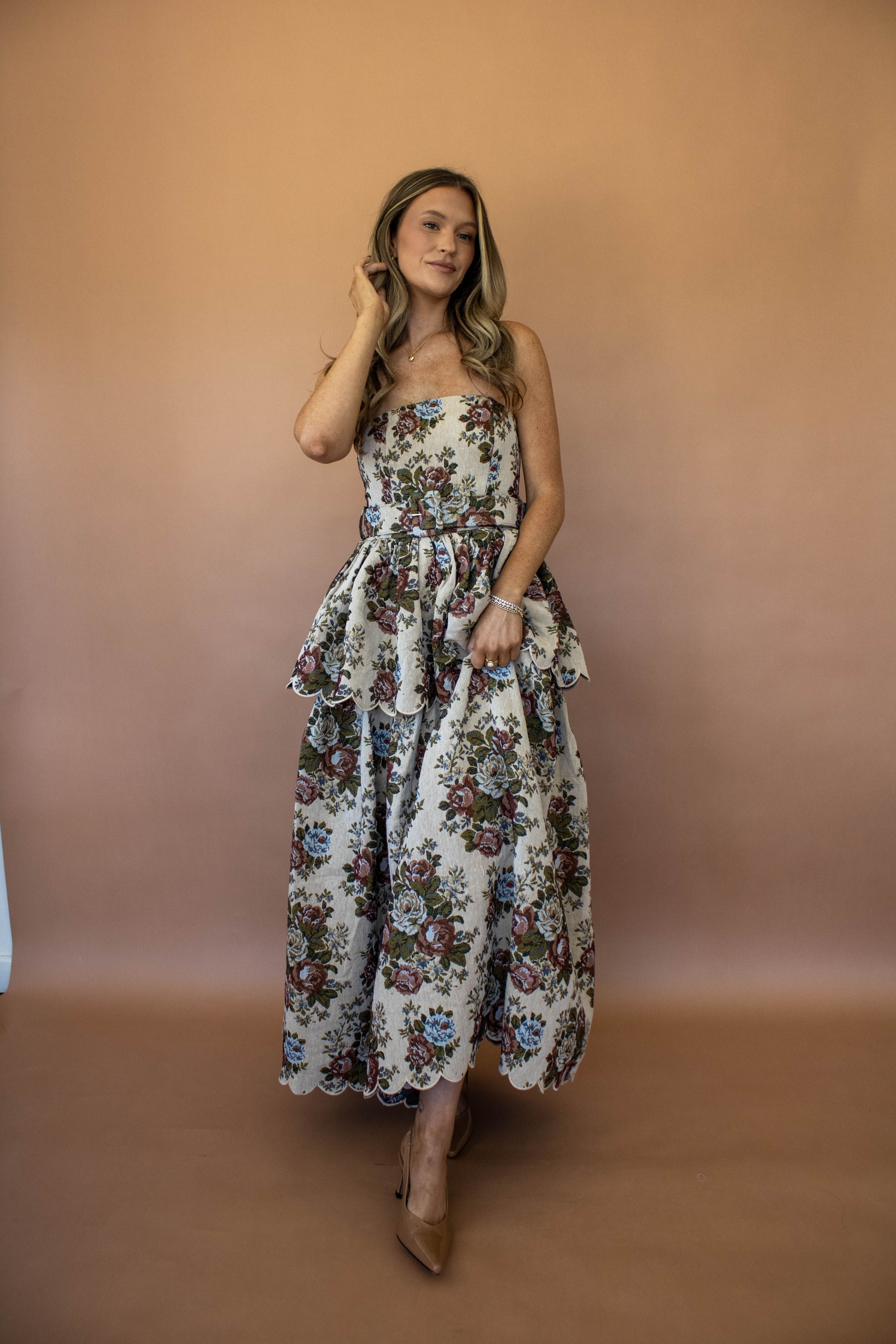 Strapless Scallop Midi Dress