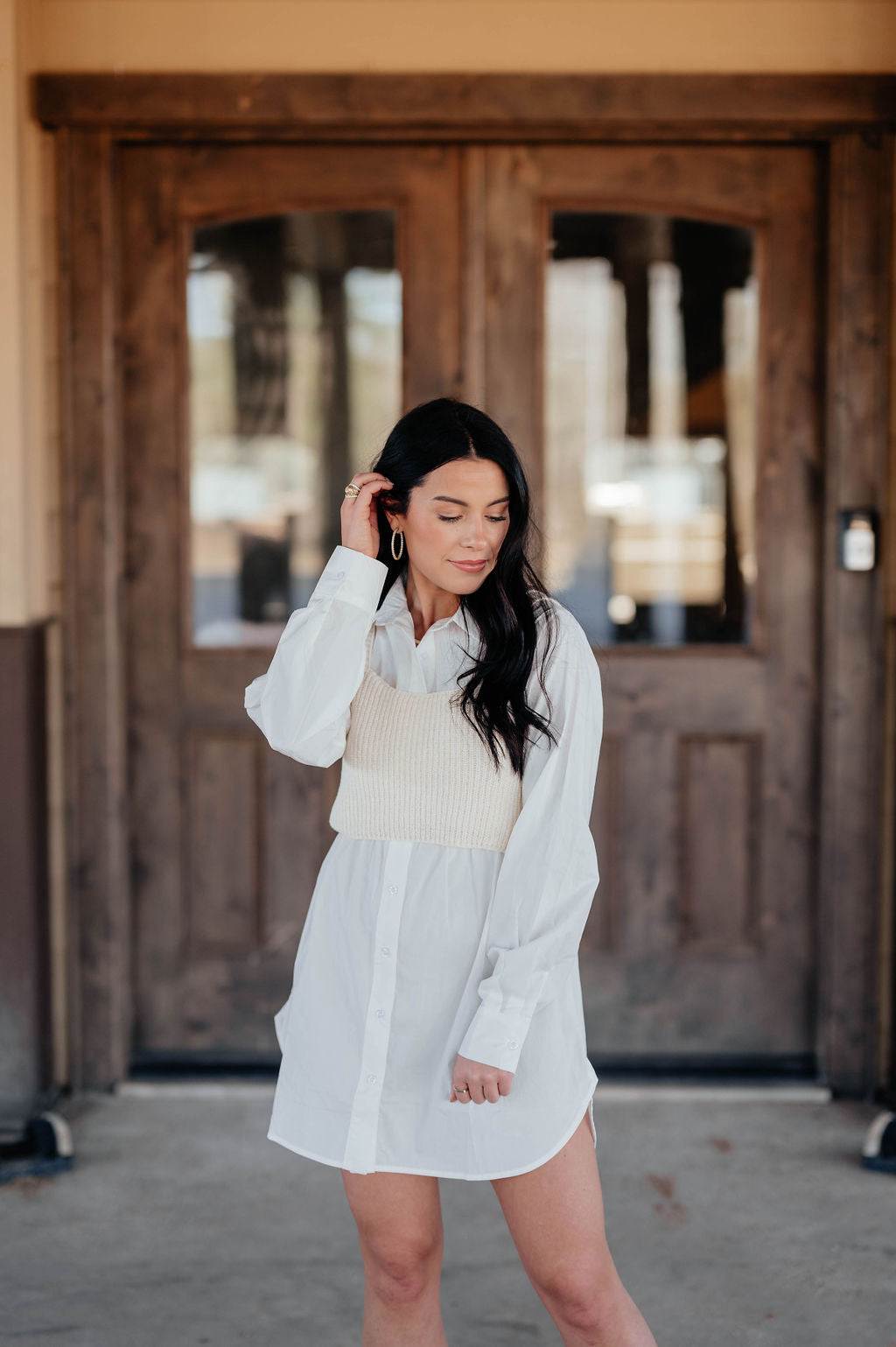 shirt dress with knit top The Tobie Knit Button-Front Pleated Midi Shirt Dre