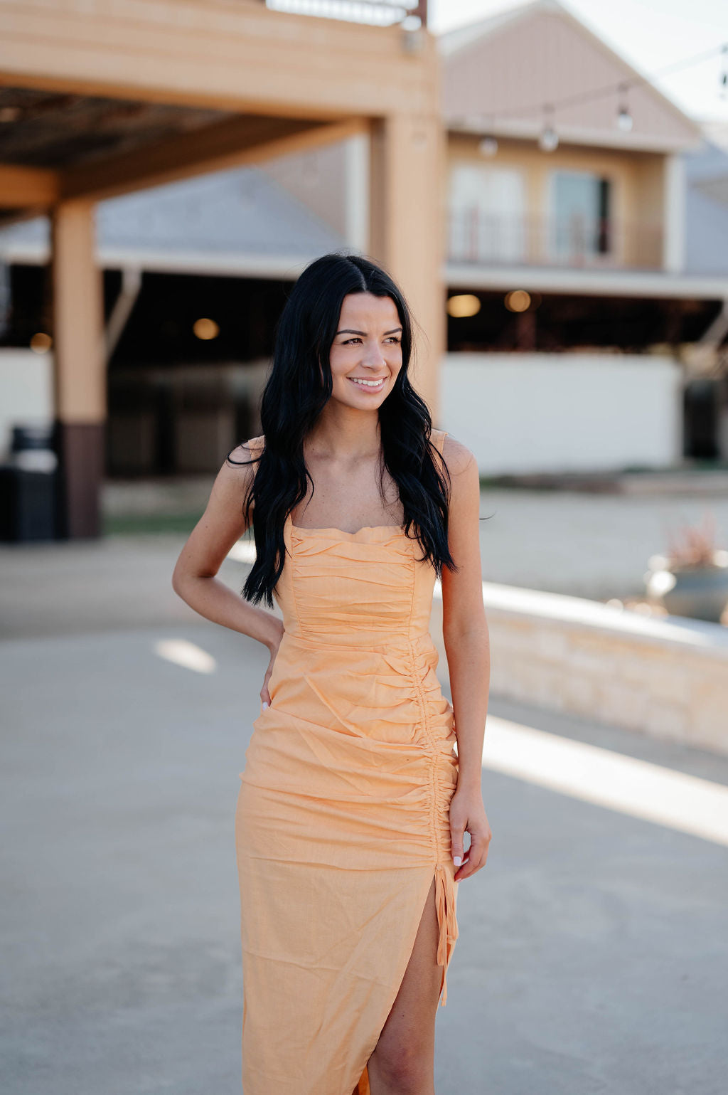 orange shirred dress Orange Shirred Front Tie Detail Midi Dress