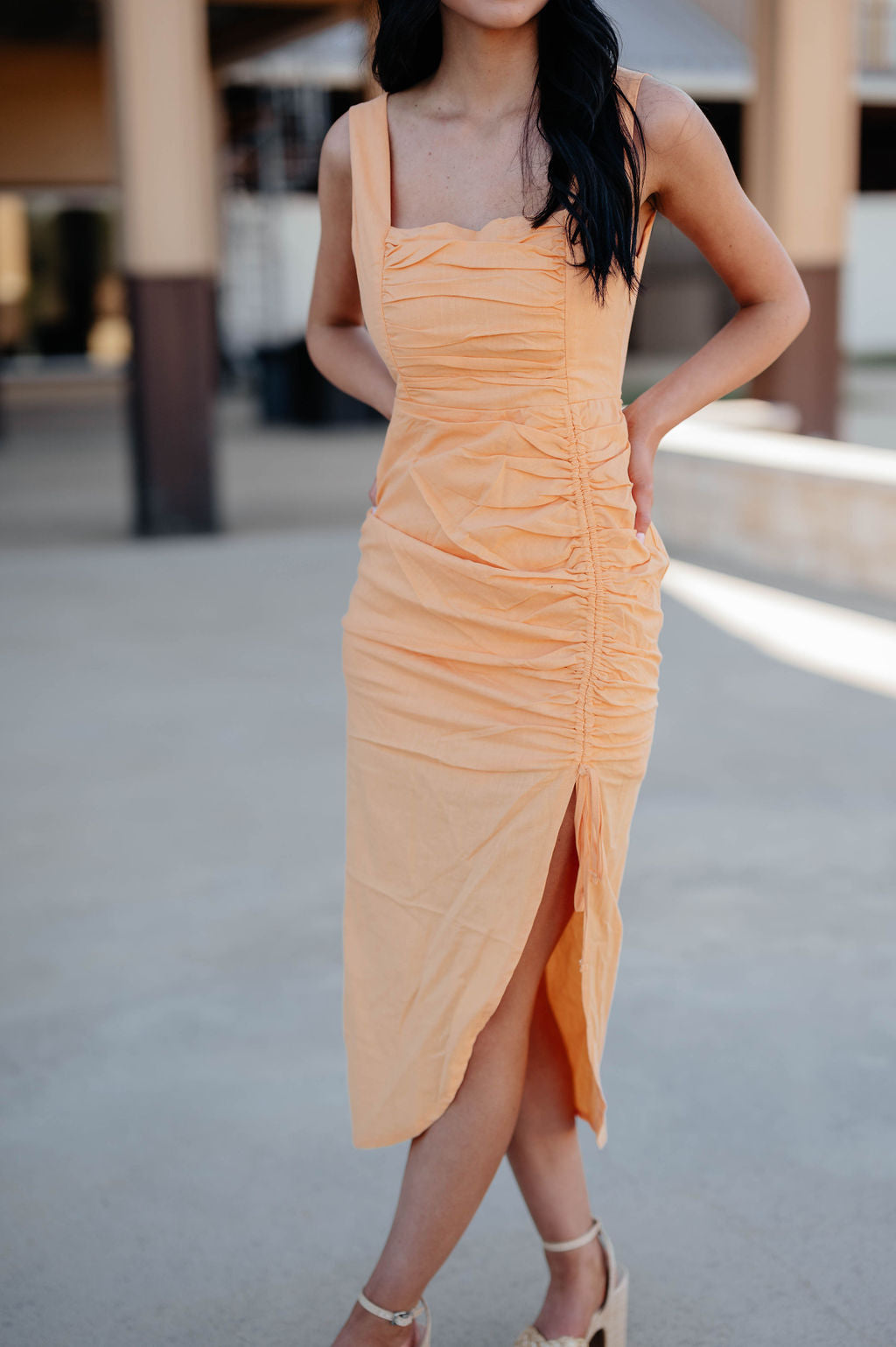 Orange shirring Detail Midi Dress