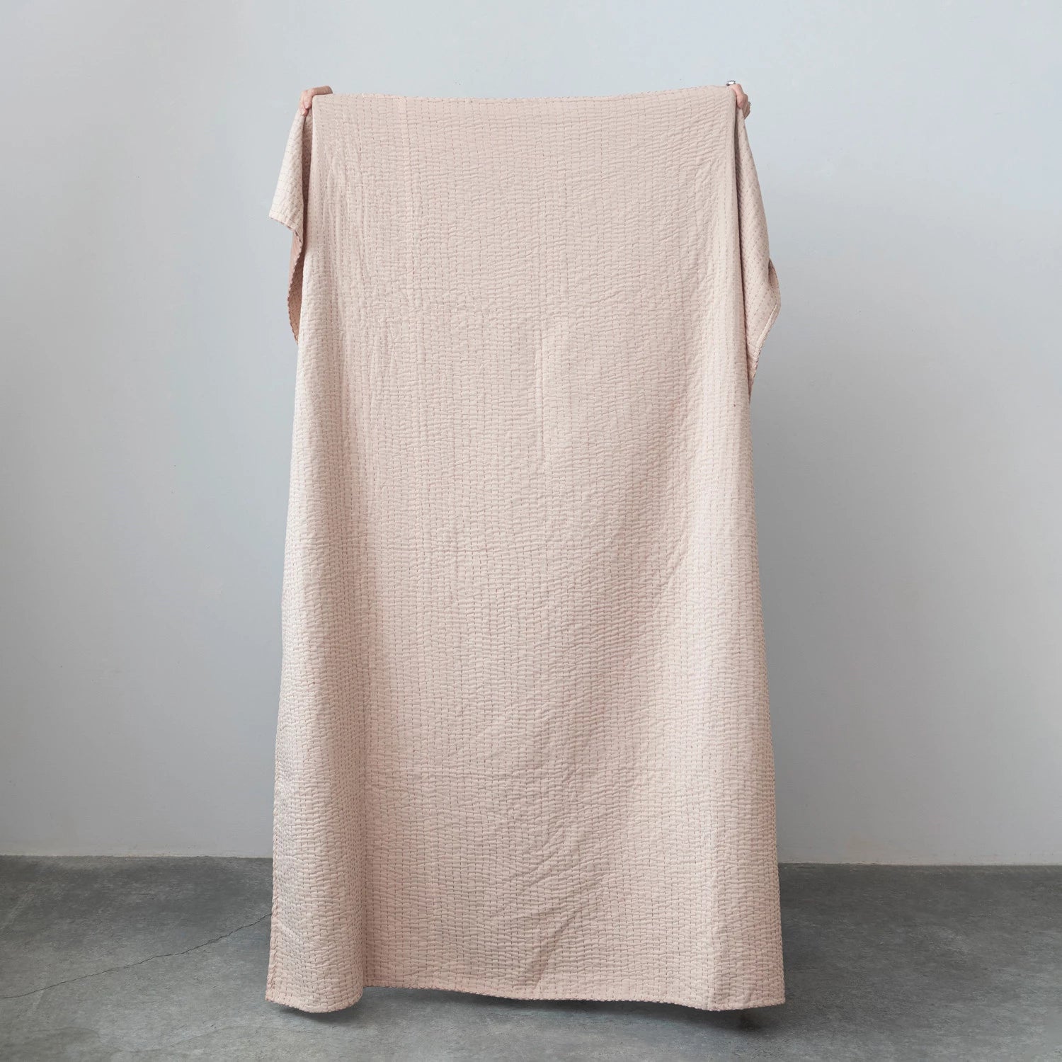 Cotton Velvet Throw w/ Kantha Stitch, Blush Color
